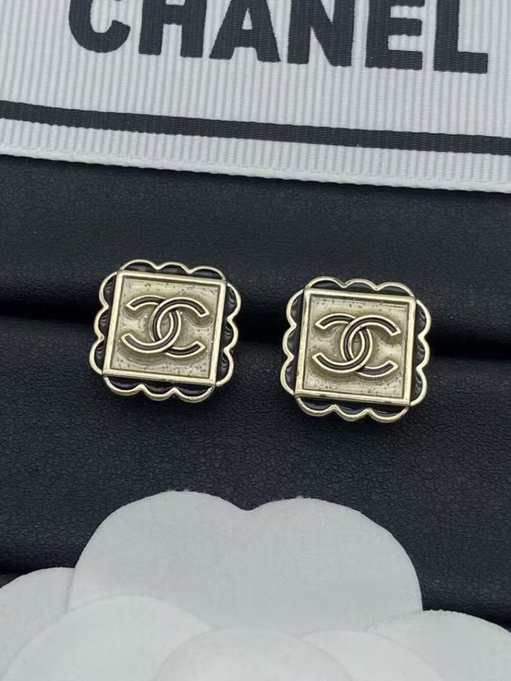 Like-New Chanel Scalloped Square CC Logo Stud Earrings